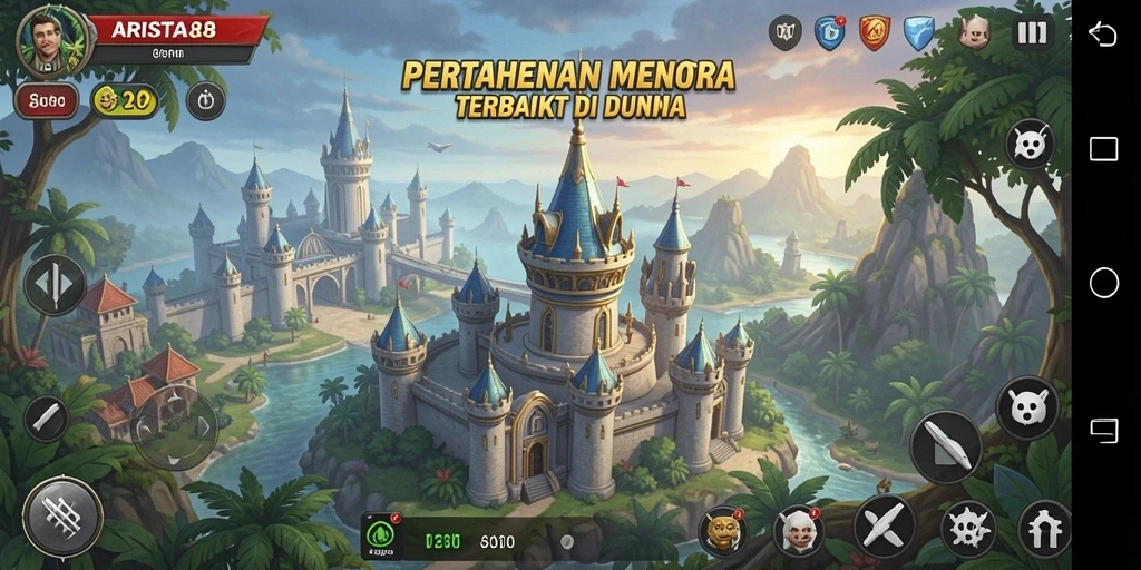 Tampilan gameplay ARISTA88 dengan menara pertahanan yang aktif melawan musuh.