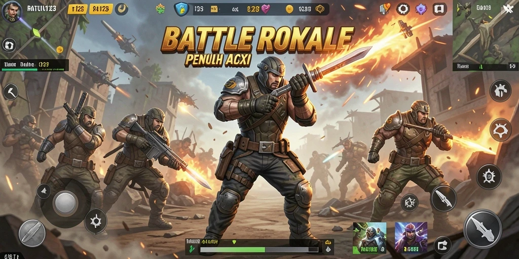 Screenshot utama menunjukkan aksi pertarungan di medan perang <strong>RATU123</strong>.