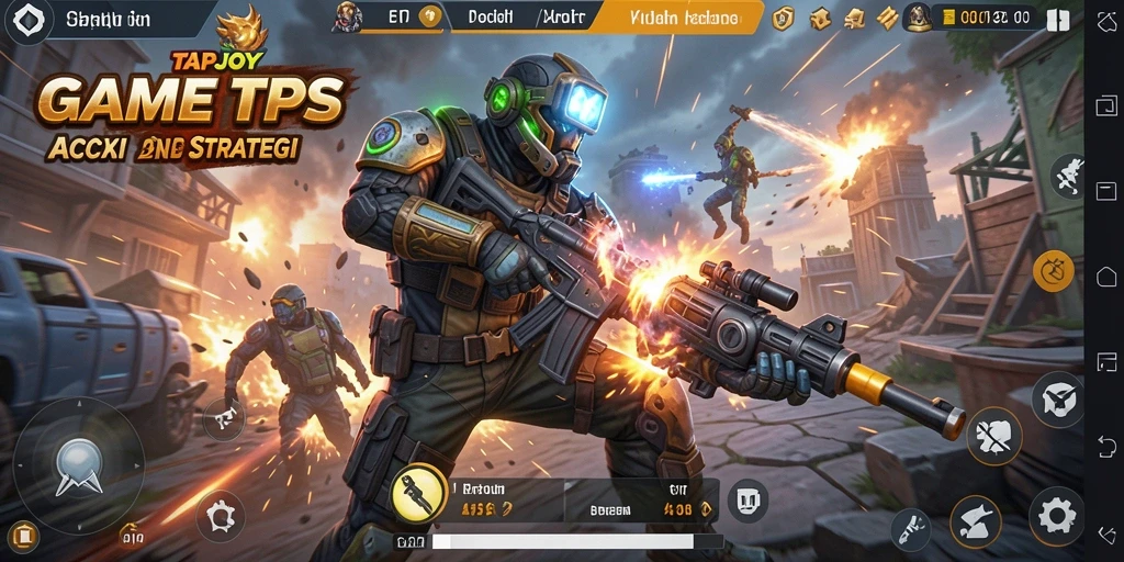 Screenshot gameplay utama TAPJOY menampilkan aksi tembak-menembak yang intens.