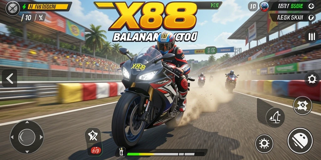Screenshot gameplay X88 yang menampilkan aksi balapan motor yang seru.